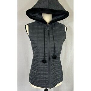 FOR CYNTHIA Charcoal Gray Sleeveless Quilted Hooded Vest w Faux Fur & Poms Sz PM